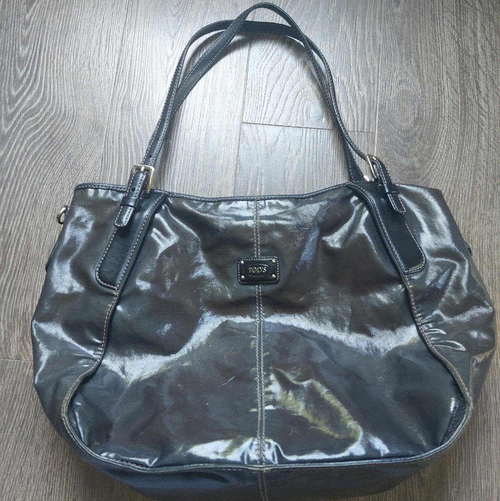 Tod's shoulder tote. Black leather grayish sheen body of the bag